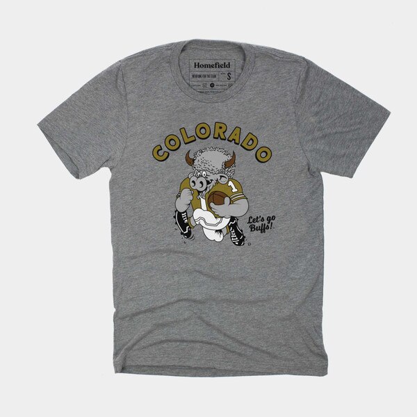Gray CU Boulder T-shirt with retro Buffalo graphic and “Let’s Go Buffs!” text, short sleeves and crew neck design
