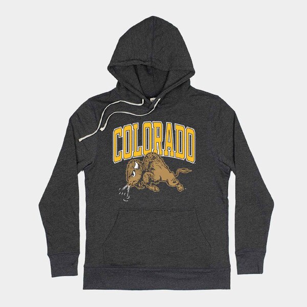 CU Boulder dark gray hoodie with gold Colorado text and charging buffalo graphic on front