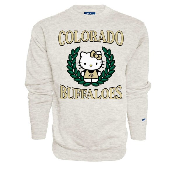Light heather gray CU Boulder oversized crewneck with Hello Kitty graphic framed by green laurel leaves and “Colorado Buffaloes” text in gold.