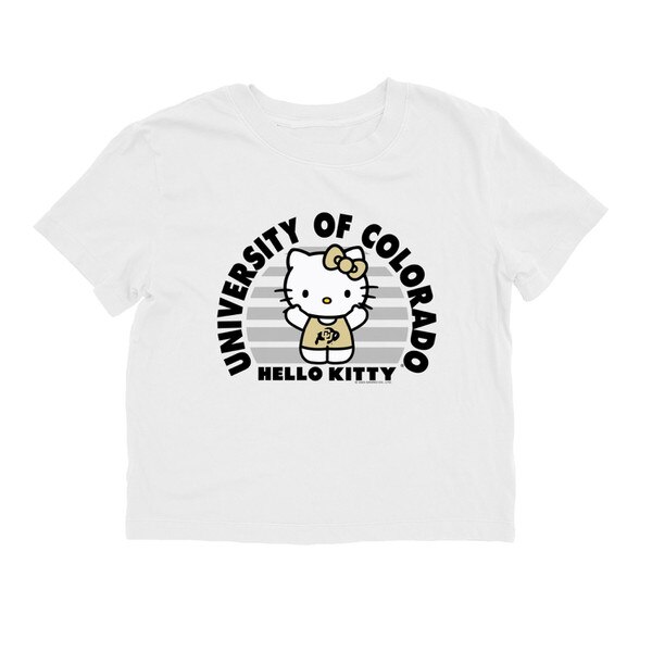 White CU Boulder oversized T-shirt with Hello Kitty graphic centered inside gray stripes, surrounded by “University of Colorado” text in black.
