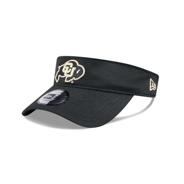 Angled front view of black CU Buffaloes New Era visor with embroidered buffalo logo on front band and gold New Era logo on side
