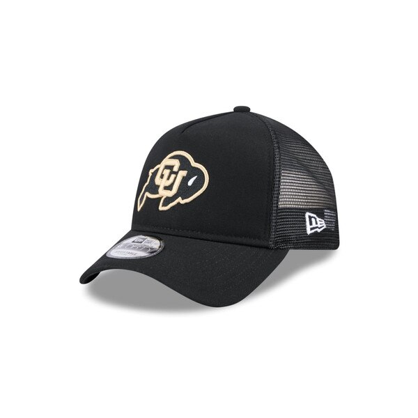 CU Boulder black mesh trucker hat angled view with gold buffalo logo by New Era