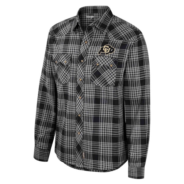 CU Boulder black and gray plaid long-sleeve flannel shirt with embroidered buffalo logo and snap buttons by Wrangler