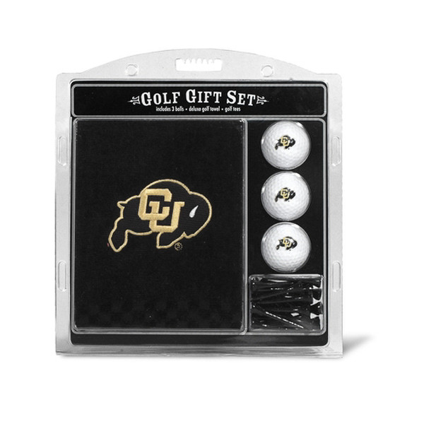 A golf gift set with CU Buffalo adorned golf balls, white wooden tees, and an embroidered towel.