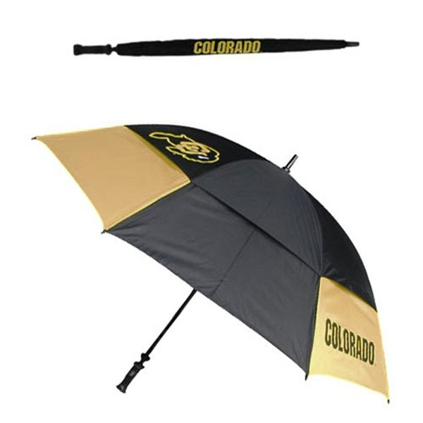 A black and Vegas Gold paneled golf umbrella with "Colorado" in black lettering and a C-U Buffalo logo.