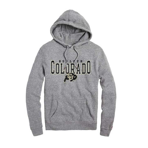 A gray hooded sweatshirt with bold Boulder, COLORADO lettering and a C-U Buffalo logo.