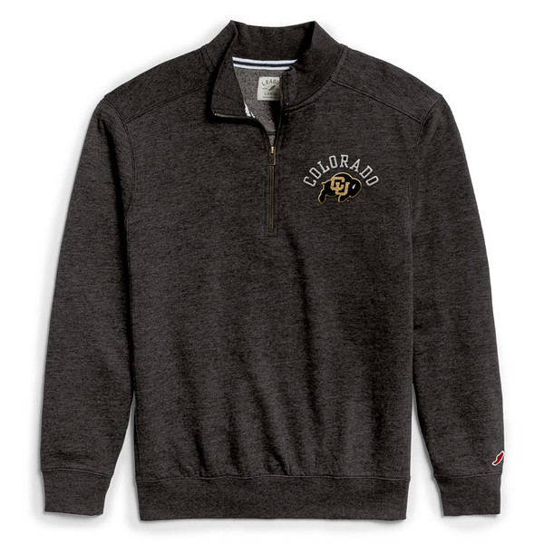 A dark gray quarter zip collared sweatshirt, with small arched white Colorado lettering and a C-U Buffalo logo.