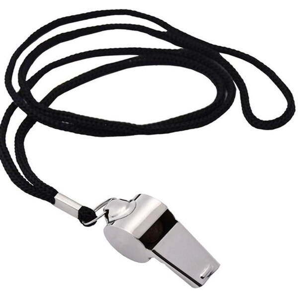 A metal whistle on a braided black lanyard.