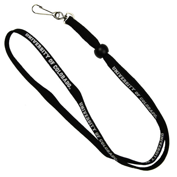 A black lanyard with repeating white University of Colorado lettering, with a latch for adding on keys, keychains, and I-D card holders.