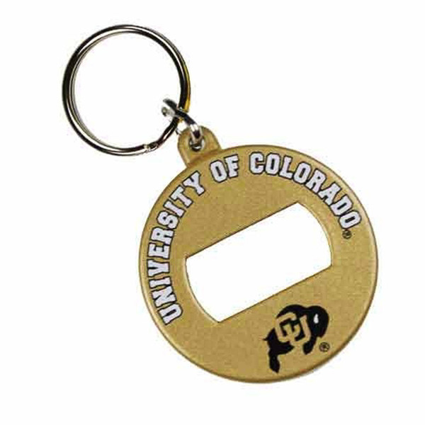 A gold metal bottle opener keychain with a keyring, featuring University of Colorado in white lettering on the top, and a C-U Buffalo logo on the bottom.