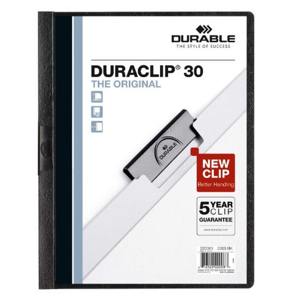 A Duraclip plastic report cover folder with a 30 page capacity and a clear front.