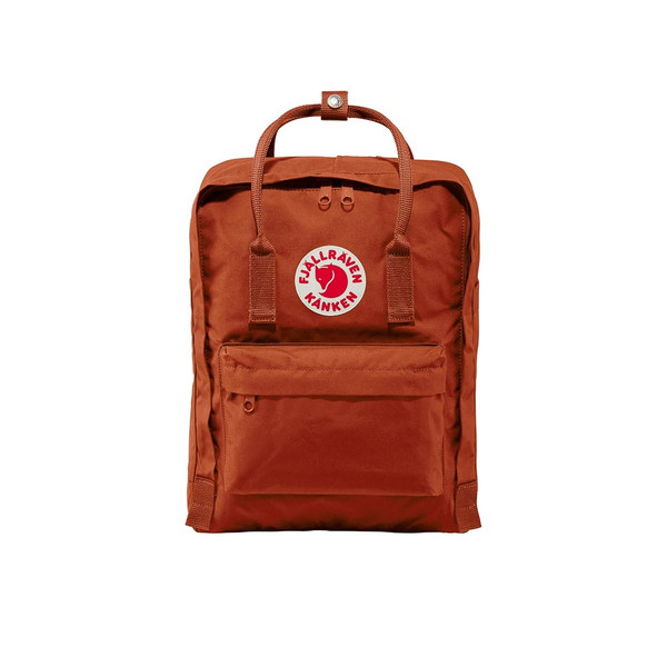 An orange backpack with the brand's iconic circle patch on the front, with shoulder and top straps, two side pockets and a front pocket, and a large main zippered compartment.