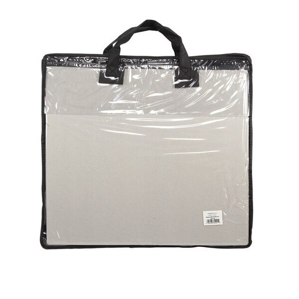 Front of bag made of transparent plastic with handle, and zipper on top.