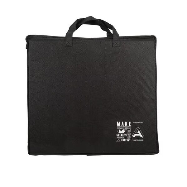 back of bag with Art Alternatives logos and design on bottom right corner.