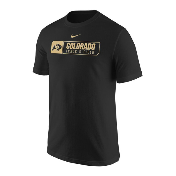 A black T-shirt with Colorado Track and Field written in Vegas Gold within a rectangle with a C-U logo to the left of it, and a Nike swoosh above.