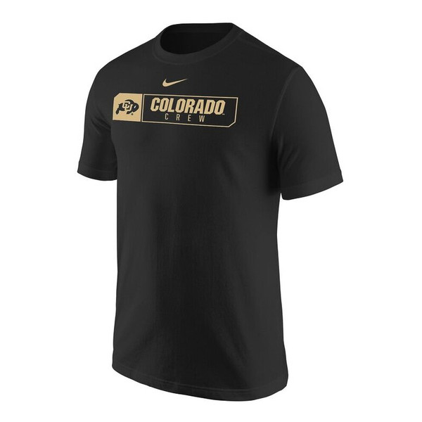 A black T-shirt with Colorado Crew written in Vegas Gold within a rectangle with a C-U logo to the left of it, and a Nike swoosh above.