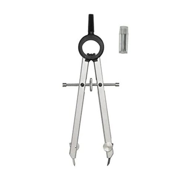 Metal drafting compass with adjustment wheel and spare lead container