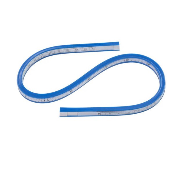 A blue flexible curve ruler with centimeter measurements on one side and inches up to 12 on the other.