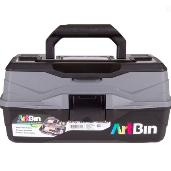 A front view of a gray art supply box with a black handle and a black compartment on the lid. The bottom half of the bin is also black. Also includes a black "lock" to keep supplies contained.