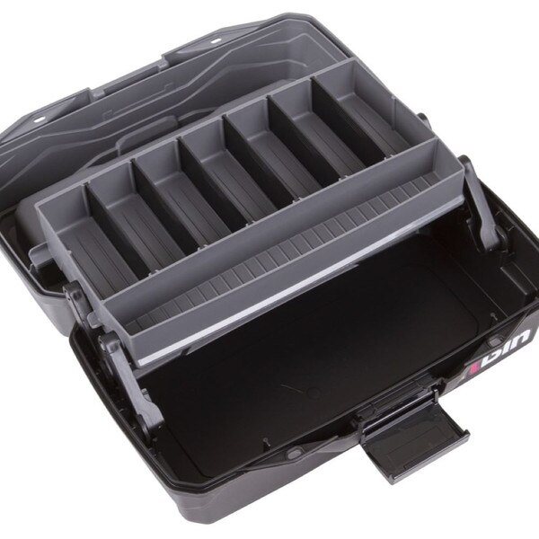 The inside of the gray and black art supply box. It includes a tray with removable black dividers and a large storage compartment at the bottom.