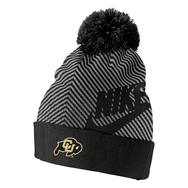 A black and gray chevron stripped beanie with a large Nike logo and "Nike" written on it and a pom-pom on top, featuring a C-U Buffalo logo.